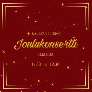 Kalenterit esiin, sillä jokavuotinen JOULUKONSERTTI lähestyy kovaa vauhtia!! 🎄🎅🏻✨Alla tärkeää infoa tulevista konserteista:💫 Konsertit järjestetään perjantaina 12.12.
💫 Ensimmäinen konsertti alkaa klo 17.30 ja toinen klo 19.30
💫 Koulun opiskelijat voivat ostaa lippuja koululta myöhemmin ilmoitettuina ajankohtina.Hinnasto:
Aikuiset 8€
Lapset/opiskelijat 5€Lippu sisältää tarjoilun ennen konsertin alkua! 🍰‼️HUOM! Jos olet Kalevan lukioon hakemista harkitseva ysiluokkalainen, tarjoamme sinulle lipun ilmaiseksi kello 17.30 alkavaan konserttiin! Ilmoita kiinnostuksesi laittamalla meille DM 🙌🏻Nähdään konsertissa!! 🎄🤩#kalevanlukio #musalinja #joulukonsertti #jee #musiikki #cantwait #musakalu #lukio #joulu #joulu25 #christmas #musiikkilukio #musiikkilinja #kalevanlukionmusa #christmasinkaleva #tampere
