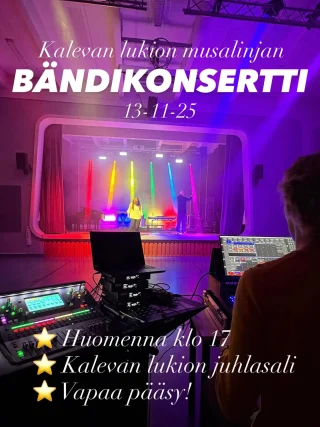 Nähdään kohta!!🥳🥳🥳@kalevanlukio #kalevanlukio #kalevanlukionmusa #bändikonsertti #musiikki #konsertti #lukio #musalinja #yhteishaku #parastabestiä #tampere